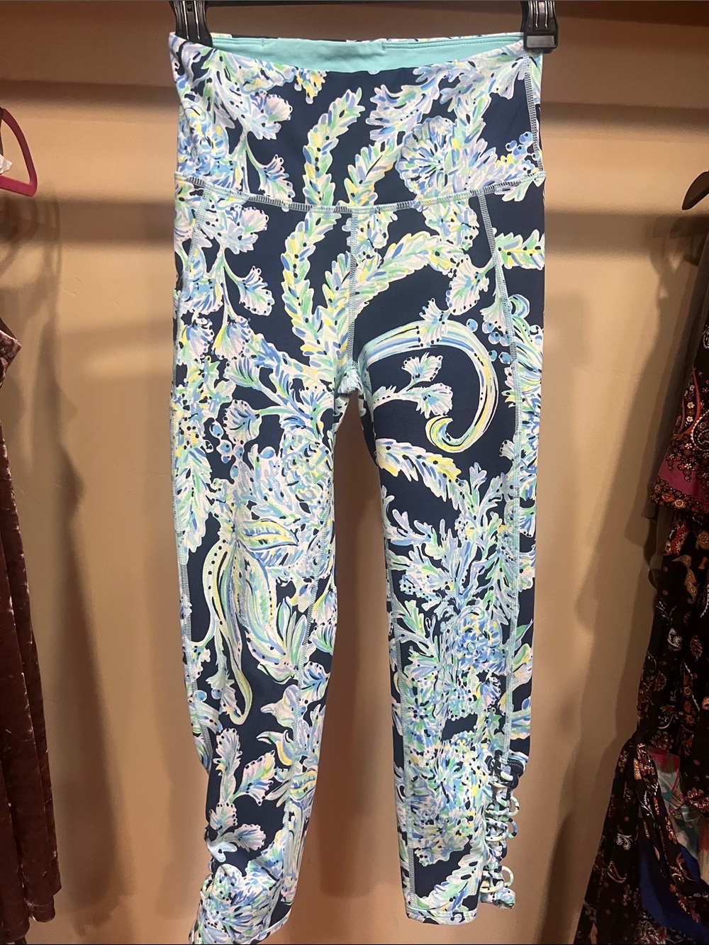 Lilly Pulitzer Navy Floral Scroll Capris with Mint Accents